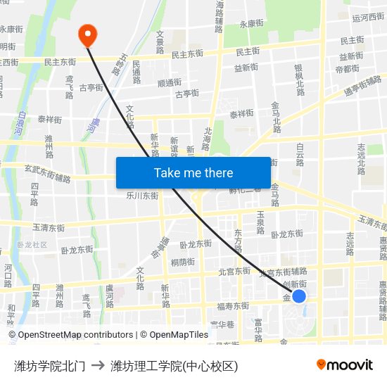 潍坊学院北门 to 潍坊理工学院(中心校区) map