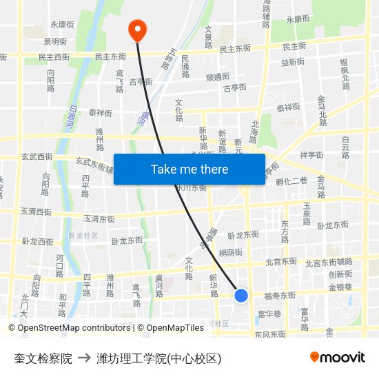 奎文检察院 to 潍坊理工学院(中心校区) map