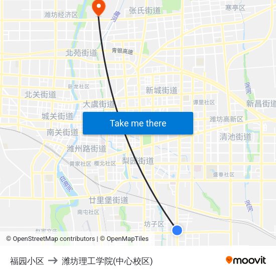 福园小区 to 潍坊理工学院(中心校区) map