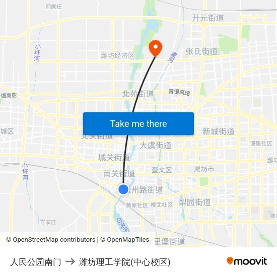 人民公园南门 to 潍坊理工学院(中心校区) map