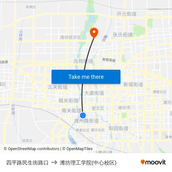 四平路民生街路口 to 潍坊理工学院(中心校区) map