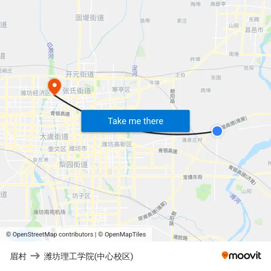 眉村 to 潍坊理工学院(中心校区) map