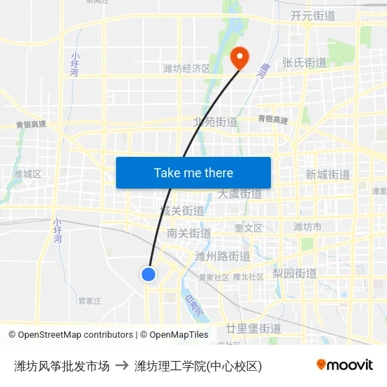潍坊风筝批发市场 to 潍坊理工学院(中心校区) map