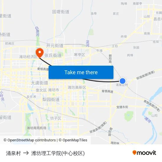 涌泉村 to 潍坊理工学院(中心校区) map