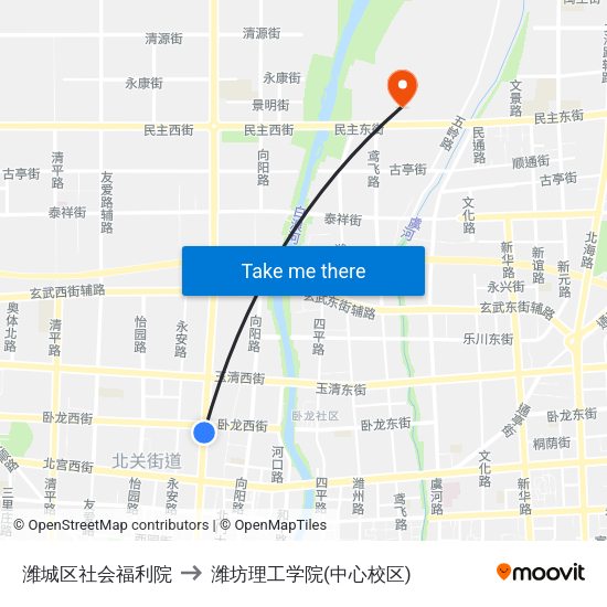 潍城区社会福利院 to 潍坊理工学院(中心校区) map