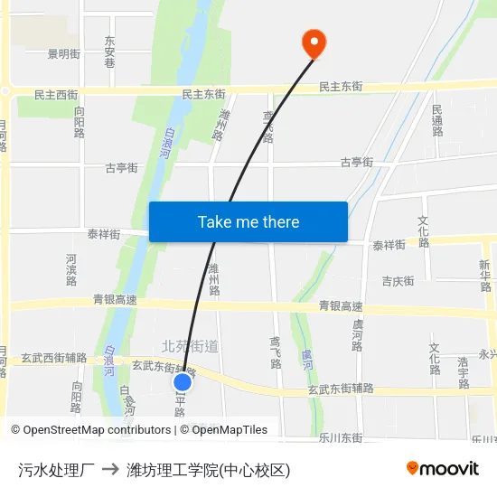 污水处理厂 to 潍坊理工学院(中心校区) map