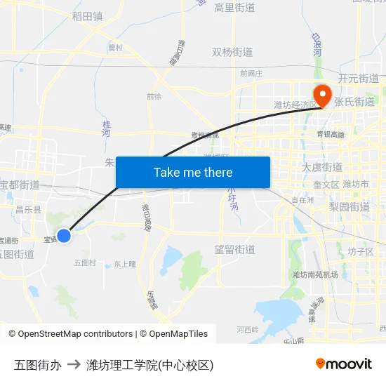 五图街办 to 潍坊理工学院(中心校区) map