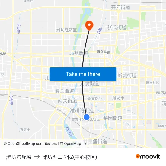 潍坊汽配城 to 潍坊理工学院(中心校区) map