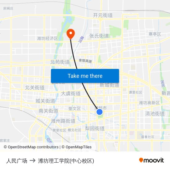 人民广场 to 潍坊理工学院(中心校区) map