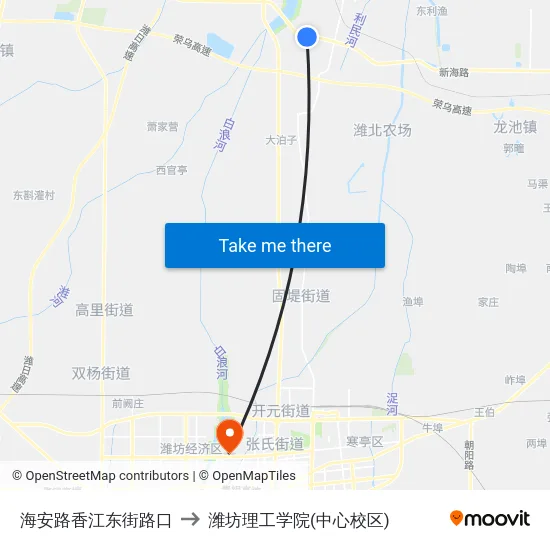 海安路香江东街路口 to 潍坊理工学院(中心校区) map