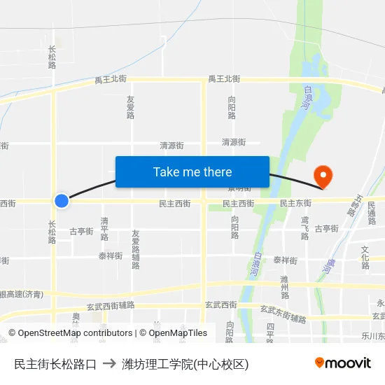 民主街长松路口 to 潍坊理工学院(中心校区) map