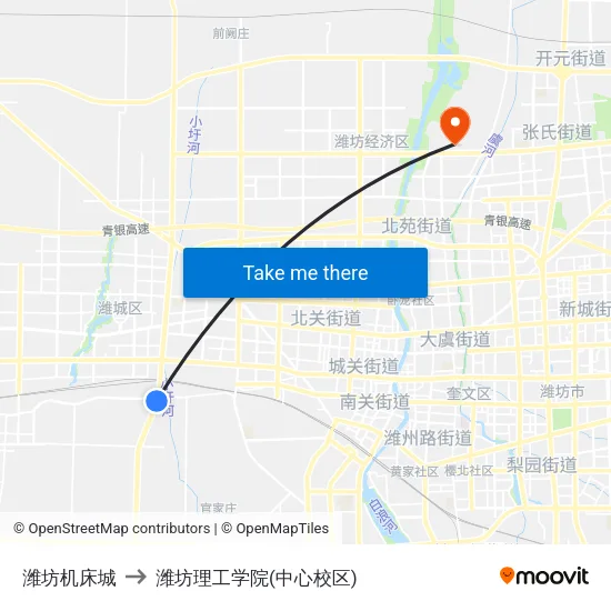 潍坊机床城 to 潍坊理工学院(中心校区) map