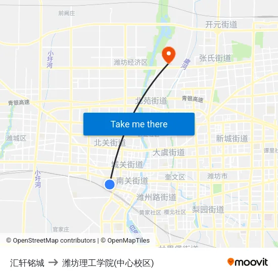 汇轩铭城 to 潍坊理工学院(中心校区) map