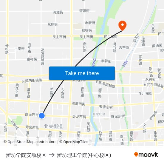 潍坊学院安顺校区 to 潍坊理工学院(中心校区) map