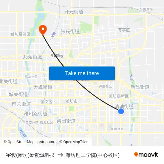 宇骏(潍坊)新能源科技 to 潍坊理工学院(中心校区) map