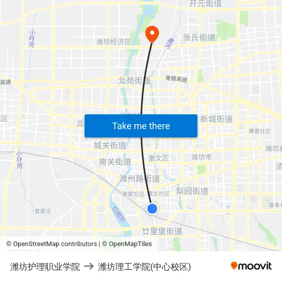 潍坊护理职业学院 to 潍坊理工学院(中心校区) map