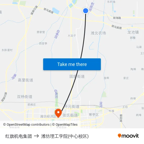 红旗机电集团 to 潍坊理工学院(中心校区) map