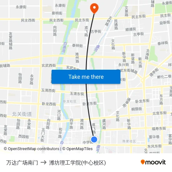 万达广场南门 to 潍坊理工学院(中心校区) map