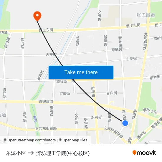 乐源小区 to 潍坊理工学院(中心校区) map