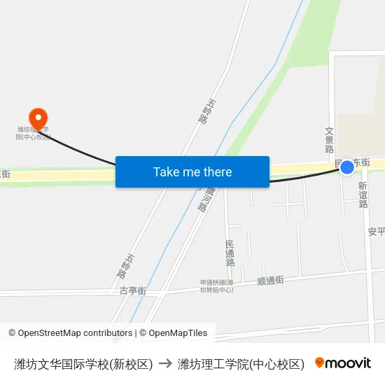 潍坊文华国际学校(新校区) to 潍坊理工学院(中心校区) map