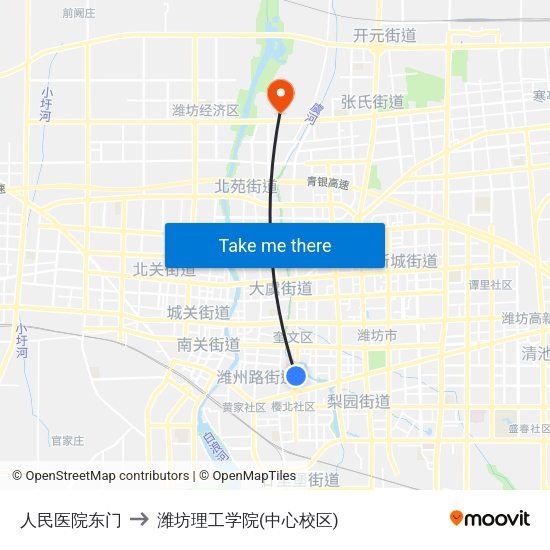 人民医院东门 to 潍坊理工学院(中心校区) map