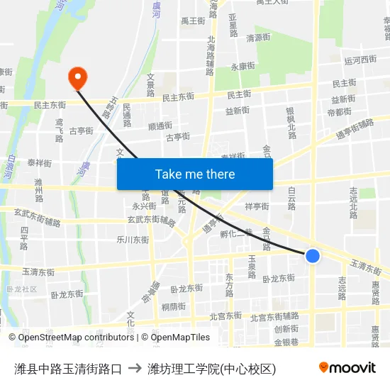 潍县中路玉清街路口 to 潍坊理工学院(中心校区) map