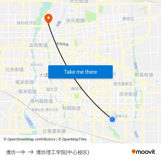 潍坊一中 to 潍坊理工学院(中心校区) map