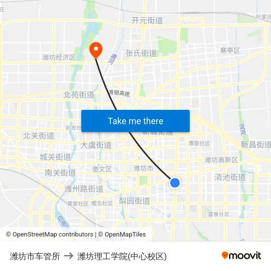 潍坊市车管所 to 潍坊理工学院(中心校区) map