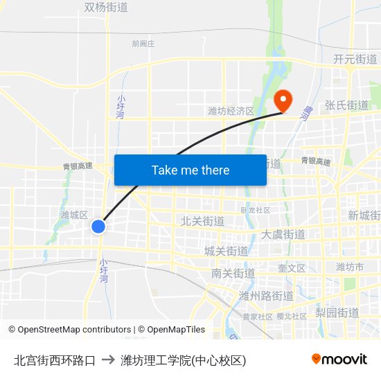 北宫街西环路口 to 潍坊理工学院(中心校区) map