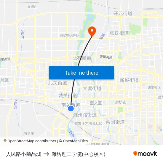 人民路小商品城 to 潍坊理工学院(中心校区) map