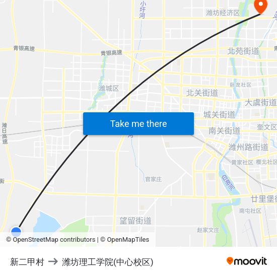 新二甲村 to 潍坊理工学院(中心校区) map