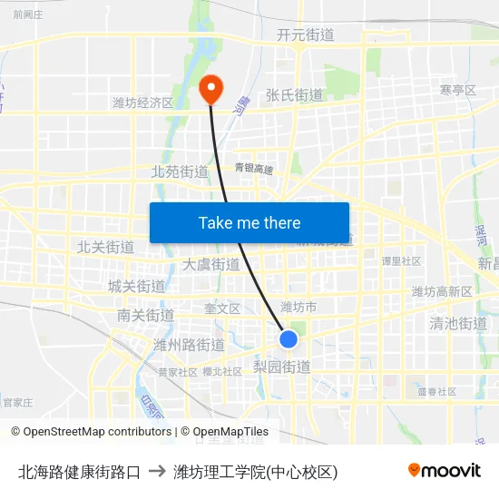 北海路健康街路口 to 潍坊理工学院(中心校区) map