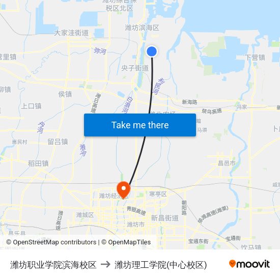 潍坊职业学院滨海校区 to 潍坊理工学院(中心校区) map