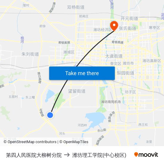 第四人民医院大柳树分院 to 潍坊理工学院(中心校区) map
