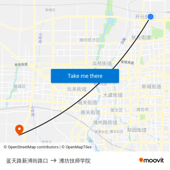 蓝天路新溥街路口 to 潍坊技师学院 map