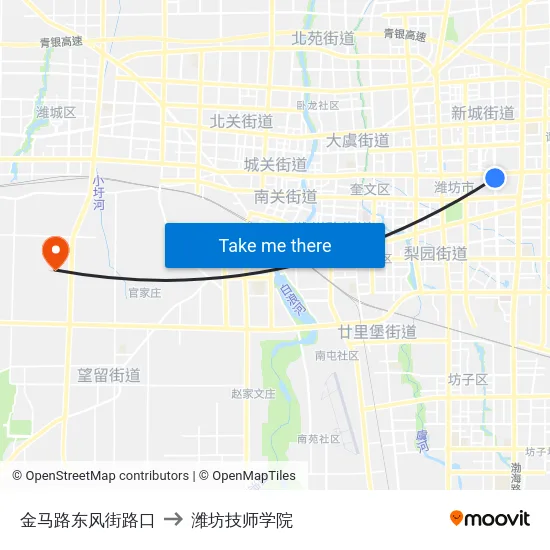 金马路东风街路口 to 潍坊技师学院 map