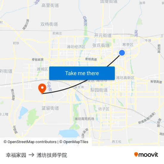 幸福家园 to 潍坊技师学院 map