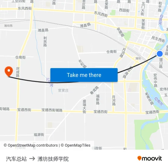 汽车总站 to 潍坊技师学院 map