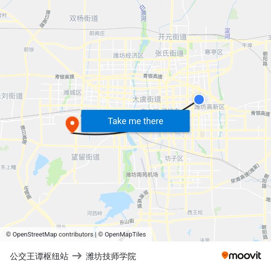 公交王谭枢纽站 to 潍坊技师学院 map