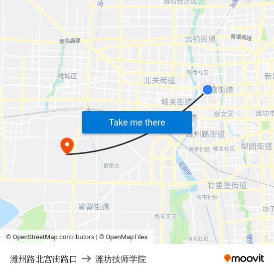 潍州路北宫街路口 to 潍坊技师学院 map