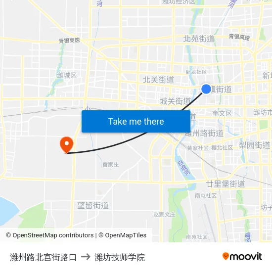 潍州路北宫街路口 to 潍坊技师学院 map