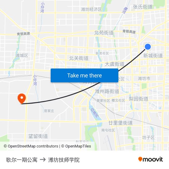 歌尔一期公寓 to 潍坊技师学院 map