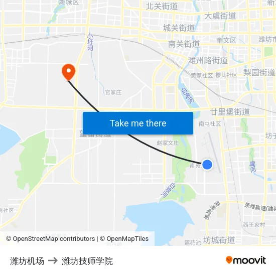 潍坊机场 to 潍坊技师学院 map