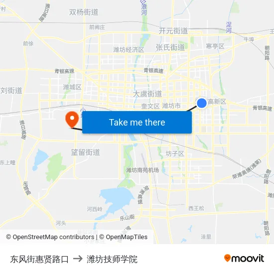 东风街惠贤路口 to 潍坊技师学院 map