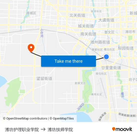 潍坊护理职业学院 to 潍坊技师学院 map