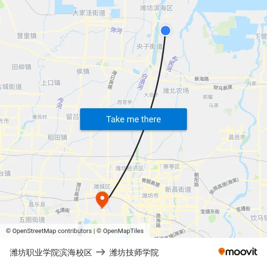 潍坊职业学院滨海校区 to 潍坊技师学院 map
