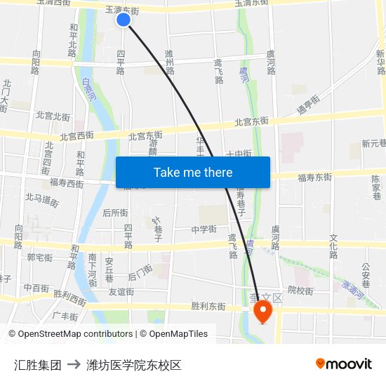 汇胜集团 to 潍坊医学院东校区 map