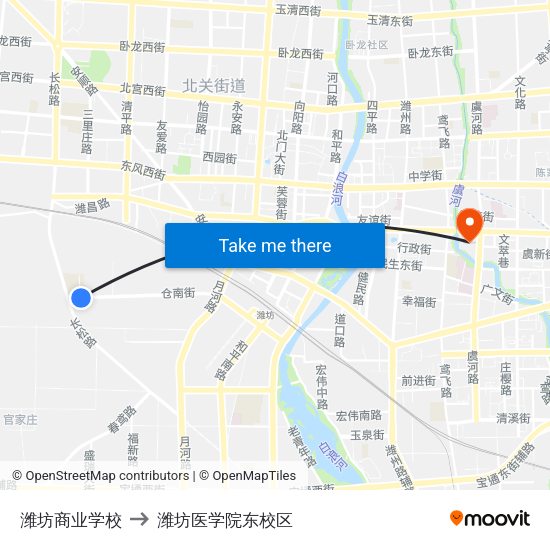 潍坊商业学校 to 潍坊医学院东校区 map