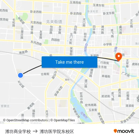 潍坊商业学校 to 潍坊医学院东校区 map