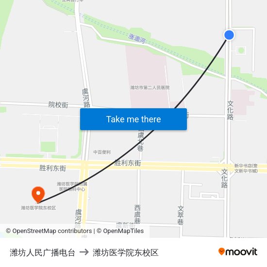 潍坊人民广播电台 to 潍坊医学院东校区 map